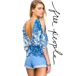 FREE PEOPLE Indigo Abracadabra Cold Shoulder Peplum Boho Style Top Size XS